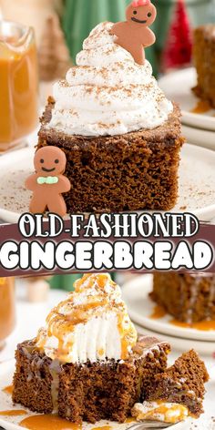 an old fashioned gingerbread cake with whipped cream on top and frosting in the middle