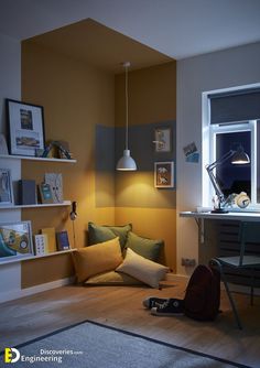 a living room with yellow walls and furniture