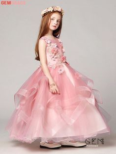 Gown For Kids, Dress With Crystals, Kids Pageant Dresses, Kids Pageant, Long Flower Girl Dresses, Gown Pink, Pink Flower Girl Dresses, Princess Flower Girl Dresses, Pink Gown