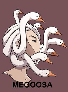 a woman with white hair and ducks on her head, in front of the words megoosa