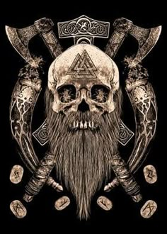 a skull with two axes and a beard