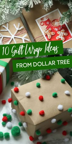 gifts wrapped in brown paper with green and red decorations