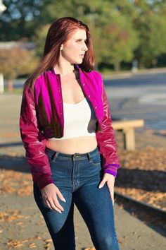 Women Crop top Classic Style Hot Pink Wool Pink Genuine Leather Sleeves Varsity Letterman Baseball Jacket Introducing the Custom Letterman Women's Classic Varsity Jacket - a perfect blend of style and comfort with its black wool and green genuine leather sleeves. Perfect for any occasion, this jacket exudes timeless charm and sophistication. Expertly crafted with quality materials, it's a must-have for any fashion-forward individual. If your required Size & Color Combination is not listed then p Trendy Fitted Varsity Jacket For Spring, Trendy Pink Varsity Jacket For Spring, Pink Fitted Cropped Jacket With Long Sleeves, Fitted Pink Cropped Jacket With Long Sleeves, Pink Fitted Long Sleeve Cropped Jacket, Fitted Pink Long Sleeve Cropped Jacket, Pink Fitted Cropped Jacket, Casual Style, Pink Fitted Casual Cropped Jacket, Trendy Pink Long-sleeved Cropped Jacket