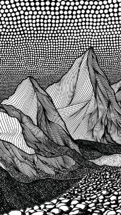 a black and white drawing of mountains