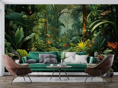 a living room filled with furniture and lots of tropical plants on the wall behind it