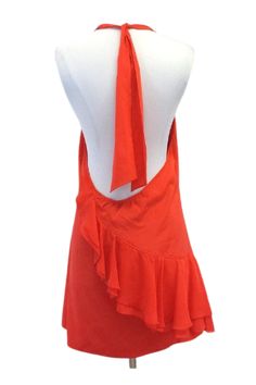 New without tags from Alice + OliviaSize-Large Color-Orange 100% Silk Backless Lined Ruffle down front and back Halter Neck Backless Dress With Ruffles For Night Out, Orange Backless Halter Dress For Summer, Fitted Orange Halter Dress, Backless, Orange Ruffle Dress For Night Out, Orange Ruffled Dress For Night Out, Orange Backless Halter Dress For Party, Orange Halter Neck Dress For Party, Orange Sleeveless Halter Top For Party, Backless Halter Dress