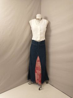 "Fabulous handmade from Landlubber jeans, denim skirt. Period 1970's , from the original owner (and seamstress) Made by Jill. Insert fabric is cotton, red bandana look, stamp on edge preserved. raw finish to denim lower edge. Looks to be made to sit low waisted - low rise in front but higher waisted in back. Many possibilities on what this could be paired up with. Four season. 100% Cotton, made in the USA, traditional denim fabric. Very good quality and construction. Very good condition, light w Fitted Denim Hippie Bottoms, Hippie Fitted Denim Bottoms, Fitted Medium Wash Bottoms For Festival, Fitted Denim Bohemian Skirt, Casual Reworked Summer Skirt, Casual Reworked Skirt For Summer, Casual Fitted Skirt Reworked, Fitted Bohemian Denim Skirt, Fitted Bohemian Dark Wash Jeans