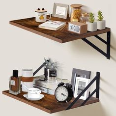 two wooden shelves with various items on them