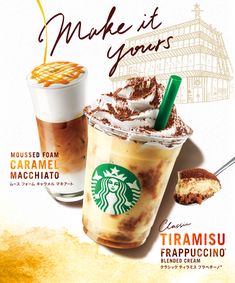 an advertisement for starbucks coffee with two drinks