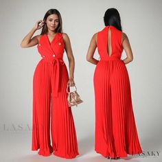 Lasaky - Stylish and Sexy Backless Sleeveless Monochromatic Jumpsuit Dress with Belt Detail Elegant Sleeveless Jumpsuits And Rompers For Party, Sleeveless Jumpsuits And Rompers For Summer Evenings, Sleeveless Jumpsuits For Spring Party, Spring Sleeveless Party Jumpsuit, Red Sleeveless Jumpsuit For Night Out, Elegant Red Backless Jumpsuits And Rompers, Elegant Red Backless Jumpsuit/romper, Chic Sleeveless Jumpsuit For Party, Elegant Red Backless Jumpsuit