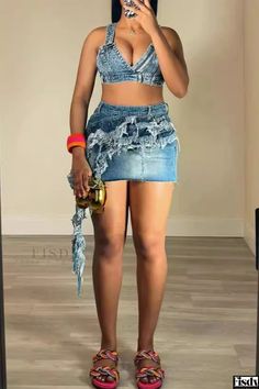 Fisdy - Trendy Denim Ensemble for Women Combination Outfit, Mini Skirt And Crop Top, Skirt And Crop Top, Trendy Denim, Suits Clothing, Miniskirt Outfits, Exclusive Dress, Prom Dress Shopping, Romper Outfit