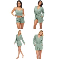 This 3-piece sleepwear set for women from Alexander Del Rossa is comfortable, durable, and classy. Made from a premium fabric that is light, soft, durable. Fabric will not shrink and the colors have been tested extensively and do not bleed. Long sleeve wrap robe has narrow sleeves and is mid-thigh length. Sleeveless cami top has adjustable spaghetti straps. Bottoms have elastic waist and tipped drawstring. Cozy Relaxed Fit Sleepover Sets, Green Matching Set Sleepwear For Loungewear, Green Matching Set Sleepwear, Cozy Sleepwear For Loungewear, Relaxed Fit Matching Pajama Shorts For Loungewear, Relaxed Fit Pajama Shorts Matching Set For Loungewear, Relaxed Fit Loungewear Sets, Sleep Shorts, Sleepwear Sets