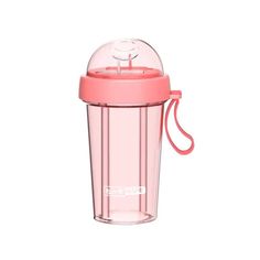 a pink plastic cup with a handle on it