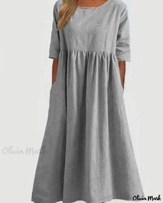 OliviaMark - Premium Relaxed Fit Cotton Linen Dress with Crew Neck and 5/4 Sleeves - Long, Elegant, and Solid Color Casual Cotton Dress, Cotton Linen Dresses, Linen Casual, Solid Color Dress, Round Neck Dresses, Weave Style, Everyday Dresses, Mongolia, Pocket Dress