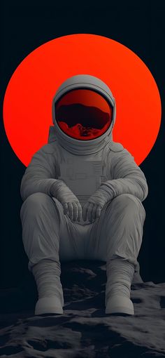 an astronaut sitting on the moon in front of a red sun