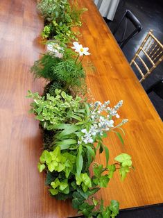 a long wooden table topped with lots of green plants and white flowers on top of it