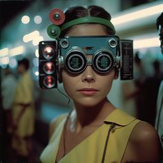 a woman with two binoculars on her head in front of a traffic light at night