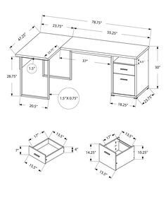 an office desk with two drawers and one drawer on the bottom, measurements for each side