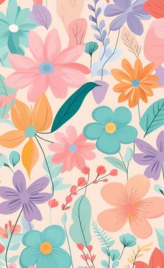 colorful flowers and leaves on a pink background