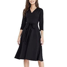 Vilonna Women's Elegant Modest 3/4 Sleeve V Neck Belted Semi Formal Midi Dress With Pockets. Size Small (Uk 36). New With Tags, Never Worn. A-Line Fit And Flare. Soft, Breathable, Flowy And Very Comfortable. Best 3/4 Sleeve Knee Length Dress For Stylish Women Who Love Simple And Comfy. Fabric: 50% Viscose, 40% Polyester, 10% Lycra. Black Half Sleeve Midi Dress For Work, Black Spring Dresses 3/4 Length, Black 3/4 Length Spring Dresses, Black 3/4 Length Dresses For Fall, Black Midi Dress With 3/4 Sleeves For Office, Black Midi Dress With 3/4 Sleeve, Black Chic Midi Dress 3/4 Length, Chic Black Midi Dress 3/4 Length, Black Fitted Midi Dress 3/4 Length