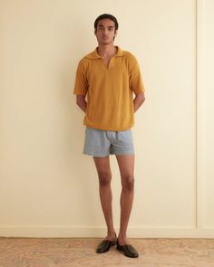 Boxy Polo - Mustard – BODE Retro Cotton Polo Shirt With Johnny Collar, Retro Relaxed Fit Polo Shirt With Polo Collar, Retro Polo Shirt With Relaxed Fit, Summer Cotton Polo Collar Sweater, Retro Relaxed Fit Polo Shirt, Cotton Polo Sweater For Summer, Relaxed Fit Cotton Polo Sweater, Relaxed Fit Collared Polo Sweater For Loungewear, Retro Relaxed Fit Polo Collar Top