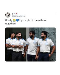 three men standing next to each other in front of a building with the caption'finally i got a pic of them three times together '