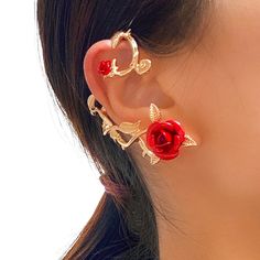 Fashion Earrings- Rose Flower Cuff Clip Earrings for Women Exaggerated Cartilage Earcuffs Trendy Girls jewelry Wholesale Party GiftsModel Number:1005002504652483 Quince Jewelry, Flower Ear Cuffs, Rose Accessories, Flower Cuff, Ear Pieces, Cruise Dress, Flower Ear, Kawaii Accessories, Ear Cuff Earings