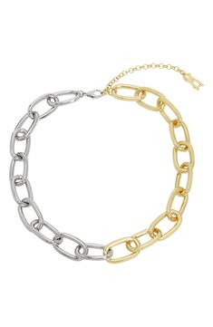 Chunky oval links in a two-toned design bring an eye-catching industrial edge to this versatile collar necklace. 16" length; 3" extender; 0.5" drop Lobster clasp closure Goldtone plate/silvertone plate Imported Two Tone Jewelry, Collar Necklace, Steve Madden, Womens Jewelry Necklace, Two Tone, Silver Tone, Gold Tones, Jewelry Necklace Pendant, Nordstrom