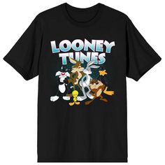 Classic Looney Tunes fans will love this graphic tee of the whole gang. Classic Looney Tunes fans will love this graphic tee of the whole gang. Crewneck Short sleevesFABRIC & CARE Cotton, polyester Machine wash Imported Color: Black. Gender: male. Age Group: adult. Material: Cotton Blend. Graphic Tee For Fan Conventions, Novelty Black T-shirt With Character Print, Novelty Fan Merchandise T-shirt With Letter Print, Retro Black T-shirt With Cartoon Print, Funny Fan Merchandise T-shirt With Front Print, Retro Black T-shirt For Fan Conventions, Black Novelty T-shirt With Character Print, Novelty Character Print T-shirt For Streetwear, Fan Apparel T-shirt With Cartoon Print