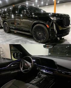 the interior and dashboard of a black suv with chrome rims on display in a showroom