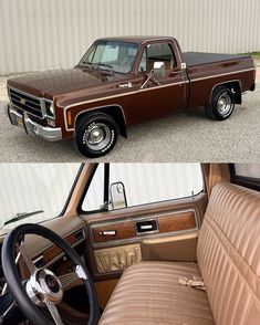 two pictures of the inside and outside of a pickup truck, one with leather seats