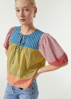 Organic Cotton Javier Puff Sleeve Blouse | Multi Stripe Patchwork | RHODE Patchwork Garments, Stripe Patchwork, Creative Clothing, Cocktail Attire, Puff Sleeve Blouse, Swimwear Cover Ups, Peasant Top, Swimwear Cover, Peasant Tops