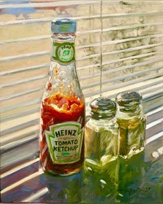 an oil painting of two bottles of heinz's tomato ketchup on a window sill