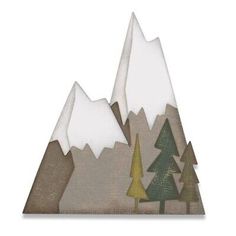 a paper cut out of mountains with trees in the foreground and snow on top