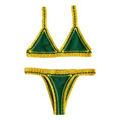 Discover the essence of sun and fun with our magnificent "Brazil" swimsuit! Immerse yourself in the tropical freshness of this woven design, merging the lushness of green with the vitality of yellow. This swimsuit is not just an outfit; it's a style statement that captures the vibrant energy of Brazilian beaches. Green Triangle Top Swimwear For Pool, Green Swimwear For Pool And Beach Season, Green Summer Festival Swimwear, Summer Festival Green Swimwear, Green Summer Swimwear For Festivals, Green Tropical Swimwear For Festival, Tropical Green Swimwear, Tropical Green Swimwear For Swimming, Green Festival Beachwear Swimwear