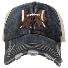 Get ready to score a touchdown in style with our Football Bow Coquette Patch Trucker Hat! Crafted from durable foam material, this hat features a classic distressed black design for that rugged, worn-in look. But the real game-changer is the eye-catching bow patch adorned with a football design. It's the perfect blend of girly charm and sports enthusiasm, making it an ideal accessory for football games, tailgates, or casual outings with friends. Whether you're cheering on your favorite team from the sidelines or adding a playful touch to your everyday look, this trucker hat is sure to turn heads and score big style points. So, kick off the season in style with our Football Bow Coquette Patch Trucker Hat from Katydid Wholesale! 80% cotton, 20% polyester machine wash delicate or hand wash on Leah Williamson Hat, Ladies Football Hat, Tie Dye Hat, Unique Bows, Bow Coquette, Distressed Hat, Cute Patches, Hat Patches, Football Design