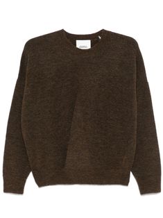 barley brown knitted construction mélange effect ribbed trim pleat detailing crew neck drop shoulder long sleeves unlined Luxury Brown Knit Sweater, Fitted Textured Knit Brown Sweater, Fitted Brown Textured Knit Sweater, Isabel Marant Sweater, Brown Textured Knit Wool Sweater, Yoko London, Wardrobe Edit, Iconic Bags, Brown Sweater