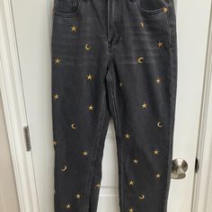 S.O.N.G. Timeless Fit Denim, Faded Black, Stars And Moons Gold Embroidery, 27" Ankle Length, Raw Hem, Comfort Fit Through Hip And Thigh, Straight Cut From Hip To Hem, Nwot Black Jean Embroidery, Black Jeans Embroidery, Stars And Moons, Black Stars, Gold Embroidery, Black Star, Straight Cut, Stars And Moon, Put On