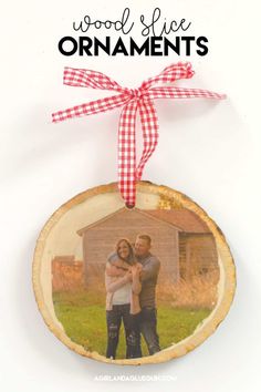 an ornament hanging from a wooden slice with the words wood slice ornaments on it