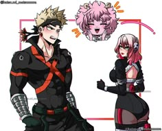 two anime characters standing next to each other in front of a white background with pink hair