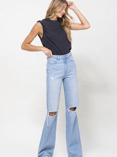 Get ready to add some vintage flare to your wardrobe with our Sunny Plains High Rise Flare Jeans. Made with non-stretch denim, these super high waisted jeans feature distressed detailing and a relaxed, wide leg for the perfect 90's vibe. These ankle-length, authentic rigid jeans will have you feeling like a true fashion icon. Color: Sunny Plains Fabric: 100% Cotton Brand: VERVET By Flying Monkey Includes: x1 Pair of Jeans Sizes: 28, 29, 30, 31, 32 Rise: 11 1/4" Inseam: 34'' Leg Opening: 20''Mode Ripped Cutoff Flare Jeans For Fall, Trendy Dark Wash Cutoff Flare Jeans, Chic Ripped Dark Wash Flare Jeans, Fall Ripped High-rise Flare Jeans, High Waist Ripped Cotton Flare Jeans, Chic Dark Wash Ripped Flare Jeans, Fall High Rise Ripped Flare Jeans, Chic Ripped Medium Wash Flare Jeans, Chic Distressed Cotton Flare Jeans