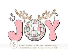 a christmas card with the words joy and a disco ball in front of an image of a reindeer's antlers