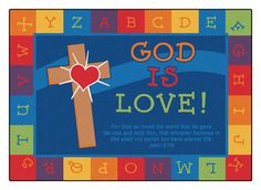 a cross with the words god is love and a heart on it in multicolored squares