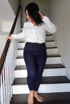 Gabby is wearing Ruthie High Rise in size 29 Chic Dark Wash Everyday Bottoms, Non-stretch Dark Wash Jeans For Everyday, Fitted Denim Bottoms For Everyday Wear, Everyday Fitted High Rise Jeans, Everyday High Rise Fitted Jeans, Fitted High Rise Jeans For Everyday, Non-stretch Dark Wash Jeans, Versatile Non-stretch Dark Wash Jeans, Fitted Slim Bottoms For Everyday