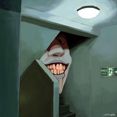 an animated image of a man's face peeking out from behind a wall with stairs