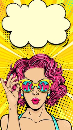 an image of a woman with pink hair and sunglasses in front of a yellow background