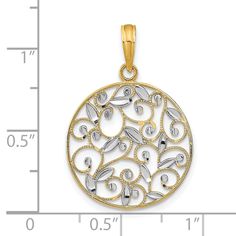 Introducing our exquisite 14K Yellow Gold and White Rhodium Polished Diamond Cut Finish Round Filigree Design Pendant. This stunning piece combines the luxury of yellow gold with the modern touch of white rhodium for a truly elegant look.Crafted with precision and attention to detail, this pendant features a delicate filigree design that adds a touch of intricate beauty. The diamond-cut finish adds a subtle sparkle to the piece, making it perfect for both everyday wear and special occasions.Whether you're looking for a timeless piece to add to your jewelry collection or searching for a thoughtful gift for a loved one, this pendant is sure to impress. Pair it with a matching chain for a complete look or mix and match with other pieces for a stylish and personalized aesthetic.Add a touch of Round Wedding Band, Silver Picture Frames, Rose Jewelry, Filigree Design, Gold Wedding Band, Round Pendant, Sterling Silver Bands, Selling Jewelry, Jewelry Gift Box