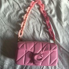 Brand New Never Used Chain Included With Bag As Well As Crossbody Strap Pink Square Shoulder Bag With Dust Bag, Chic Square Bags With Branded Hardware, Pink Luxury Square Shoulder Bag, Luxury Pink Square Shoulder Bag, Designer Bag With Chain Strap, Designer Rectangular Shoulder Bag With Chain Strap, Designer Pink Clutch Bag, Pink Designer Clutch Bag, Pink Bag With Chain Strap