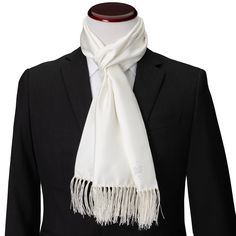 Every man needs a simple but elegant white scarf for formal events, and this one has the added luxury of being crafted from 100% Silk. The expert craftsmanship of our 100% Silk scarf holds your preferred style without slipping or having to adjust. Pairs beautifully with any necktie, bow tie, or outfit, making it a versatile piece that can be worn for both professional and formal occasions. Classic White Tie For Wedding, Classic White Wedding Tie, White Standard Tie For Formal Occasions, Classic Neckwear For Gifts, Classic White Neckwear For Black Tie, White Standard Tie For Black Tie Events, Classic White Neckwear For Black Tie Events, Classic White Neckwear For Business, White Elegant Suit And Tie Accessories For Formal Occasions