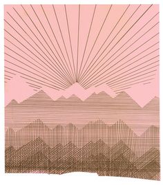 an abstract painting with lines and mountains in the background, on a pink wallpaper